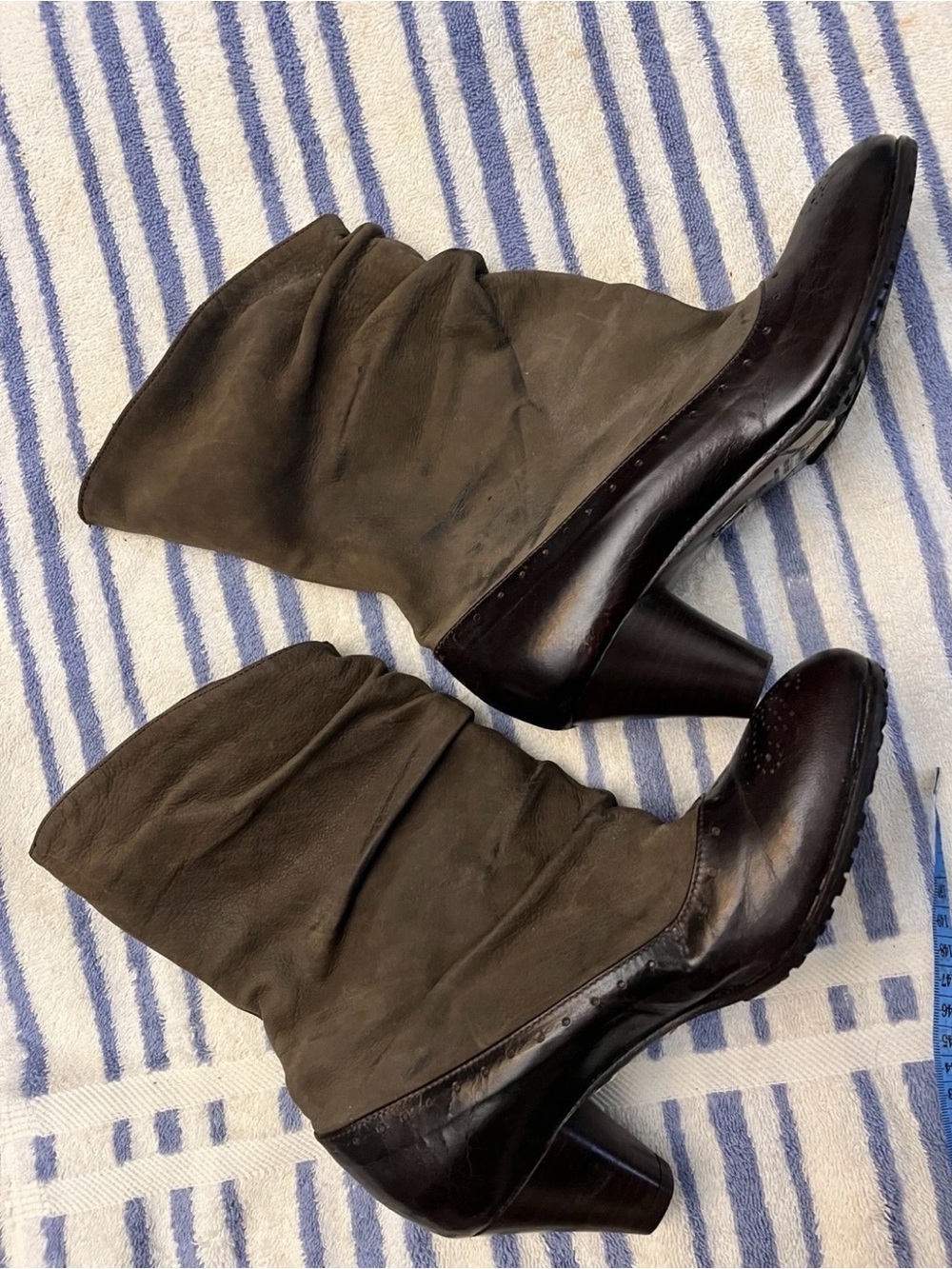 Vero Cuoio Olive Suede and Dark Brown Leather Heeled Mid-Calf Boots